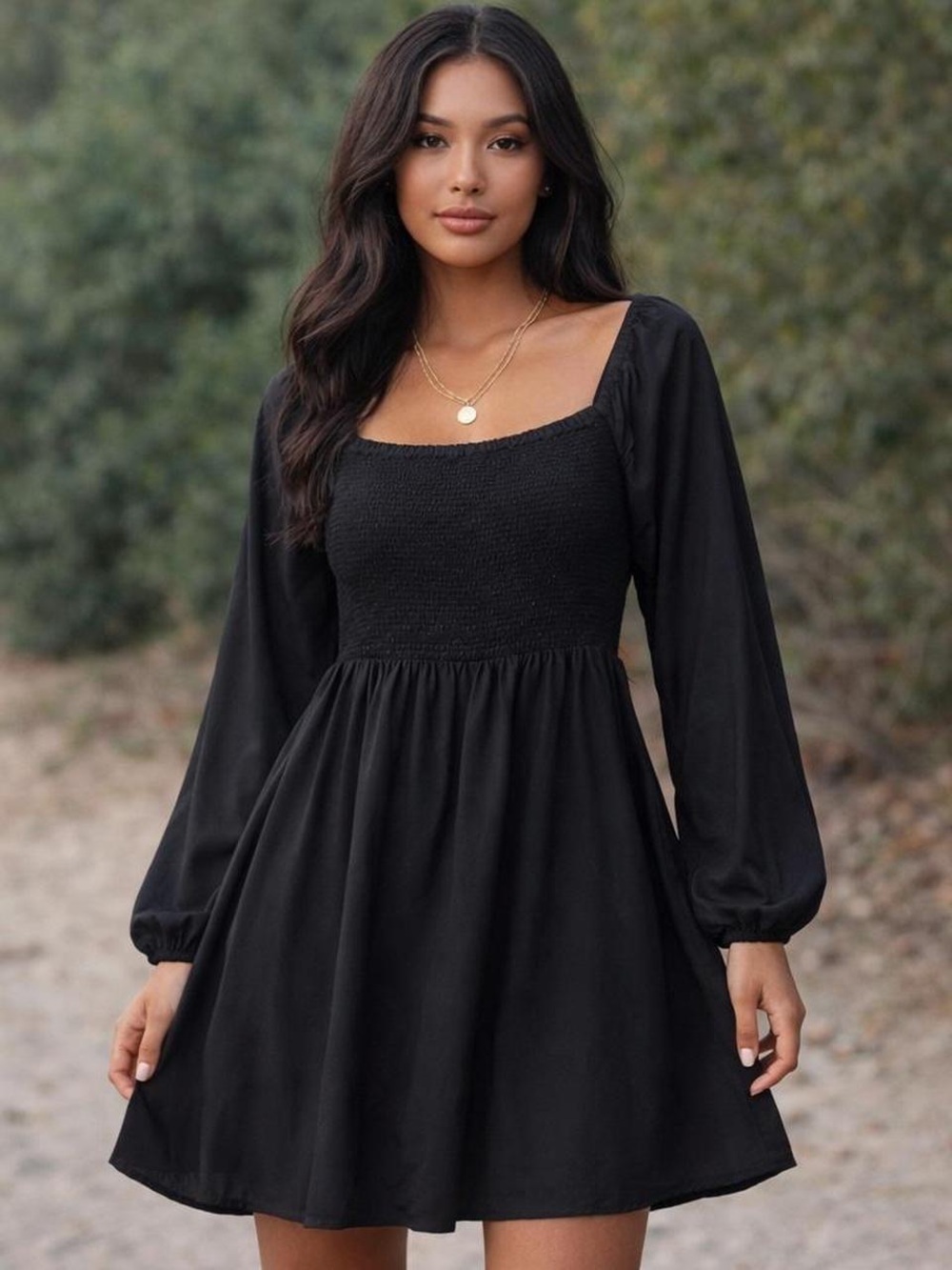 Old Navy Black Long-Sleeve Smocked Square-Neck Mini Dress